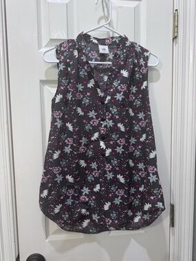 CAbi Charcoal Floral Sleeveless Blouse with Pink & Red Blooms